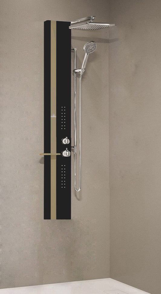 Colonna Doccia Novellini Line 2 Idromassaggio Idro Attrezzata Miscelatore Termostatico Colore Nero Opaco Fascia Mensola Tortora Soffione Pioggia 200x200 mm Ripiano Porta Oggetti Doccetta Mano Installabile Angolo Parete Misura 22x57,5xH150 cm