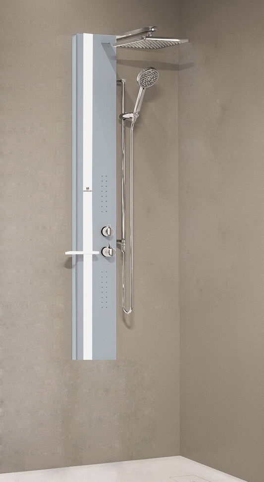 Colonna Doccia Novellini Line 2 Idromassaggio Idro Attrezzata Miscelatore Meccanico Colore Silver Fascia Mensola Bianco Opaco Soffione Pioggia 200x200 mm Ripiano Porta Oggetti Doccetta Mano Installabile Angolo Parete Misura 22x57,5xH150 cm