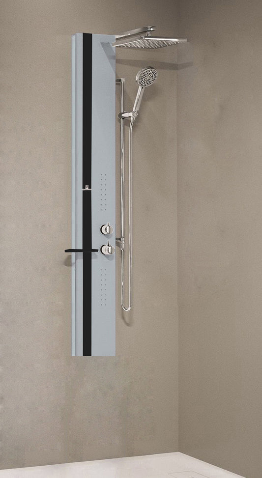 Colonna Doccia Novellini Line 2 Idromassaggio Idro Attrezzata Miscelatore Meccanico Colore Silver Fascia Mensola Nero Opaco Soffione Pioggia 200x200 mm Ripiano Porta Oggetti Doccetta Mano Installabile Angolo Parete Misura 22x57,5xH150 cm