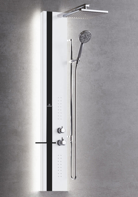 Colonna Doccia Novellini Line 2 Light Idro Idromassaggio Led Attrezzata Miscelatore Meccanico Colore Argento Fascia Mensola Nero Opaco Soffione 200x200 mm Ripiano Porta Oggetti Doccetta Installabile Angolo Parete Misura 22x57,5xH150 cm 