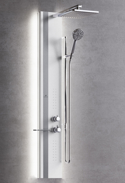 Colonna Doccia Novellini Line 2 Light Idro Idromassaggio Led Attrezzata Miscelatore Meccanico Colore Bianco Opaco Fascia Mensola Silver Soffione 200x200 mm Ripiano Porta Oggetti Doccetta Installabile Angolo Parete Misura 22x57,5xH150 cm