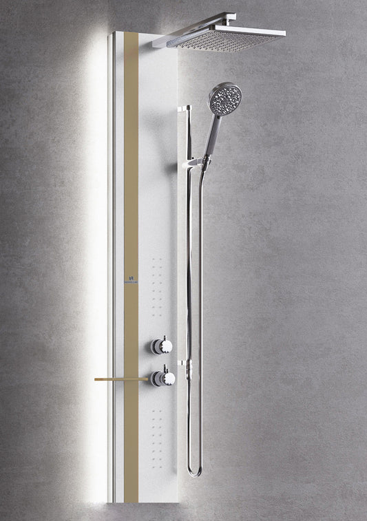 Colonna Doccia Novellini Line 2 Light Idro Idromassaggio Led Attrezzata Miscelatore Meccanico Colore Bianco Opaco Fascia Mensola Tortora Soffione 200x200 mm Ripiano Porta Oggetti Doccetta Installabile Angolo Parete Misura 22x57,5xH150 cm