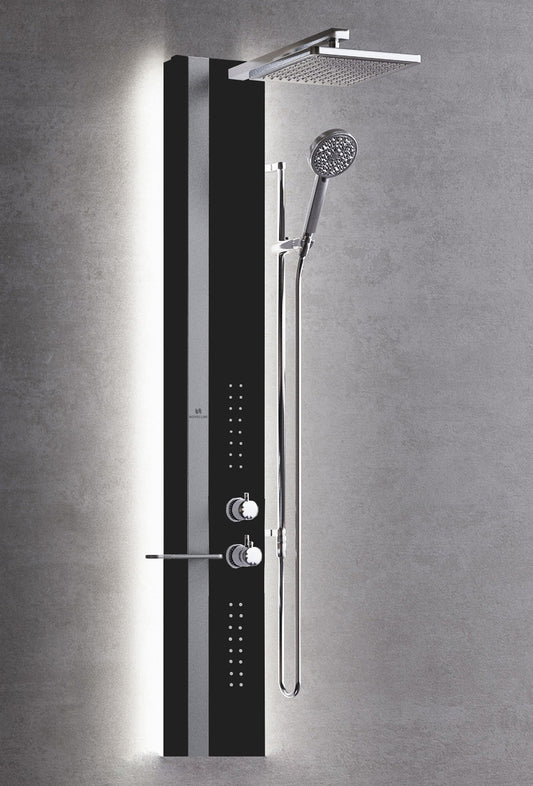 Colonna Doccia Novellini Line 2 Light Idro Idromassaggio Led Attrezzata Miscelatore Termostatico Colore Nero Opaco Fascia Mensola Argento Soffione 200x200 mm Ripiano Porta Oggetti Doccetta Installabile Angolo Parete Misura 22x57,5xH150 cm