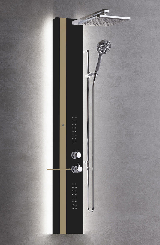 Colonna Doccia Novellini Line 2 Light Idro Idromassaggio Led Attrezzata Miscelatore Meccanico Colore Nero Opaco Fascia Mensola Tortora Soffione 200x200 mm Ripiano Porta Oggetti Doccetta Installabile Angolo Parete Misura 22x57,5xH150 cm