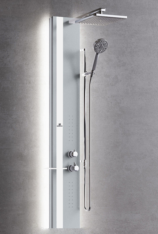 Colonna Doccia Novellini Line 2 Light Idro Idromassaggio Led Attrezzata Miscelatore Meccanico Colore Silver Fascia Mensola Bianco Opaco Soffione 200x200 mm Ripiano Porta Oggetti Doccetta Installabile Angolo Parete Misura 22x57,5xH150 cm