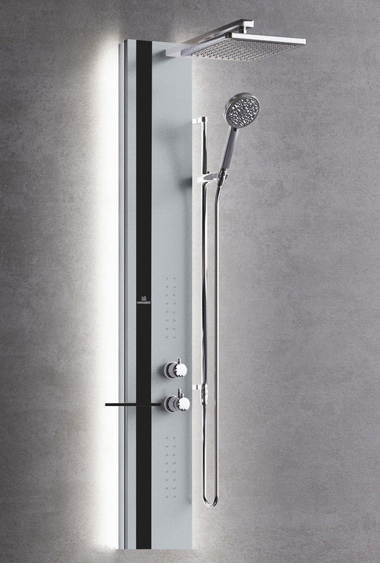 Colonna Doccia Novellini Line 2 Light Idro Idromassaggio Led Attrezzata Miscelatore Termostatico Colore Silver Fascia Mensola Nero Opaco Soffione 200x200 mm Ripiano Porta Oggetti Doccetta Installabile Angolo Parete Misura 22x57,5xH150 cm