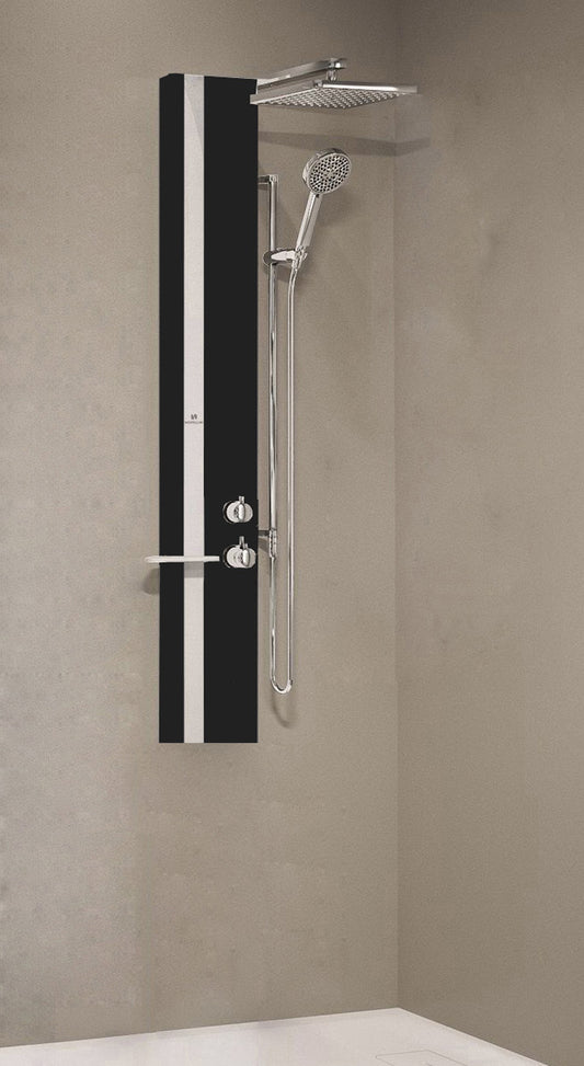 Colonna Doccia Novellini Line 2 Standard Attrezzata Miscelatore Termostatico Colore Nero Opaco Fascia Mensola Argento Soffione Pioggia 200x200 mm Ripiano Porta Oggetti Doccetta Mano Flessibile Installabile Angolo Parete Misura 22x57,5xH150 cm