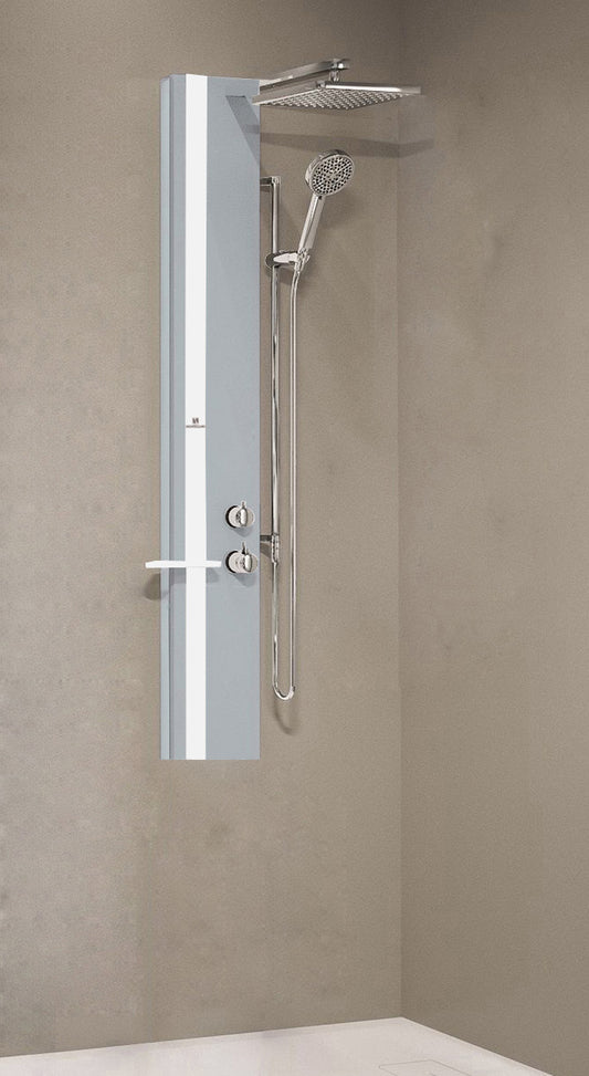 Colonna Doccia Novellini Line 2 Standard Attrezzata Miscelatore Termostatico Colore Silver Fascia Mensola Bianco Opaco Soffione Pioggia 200x200 mm Ripiano Porta Oggetti Doccetta Mano Flessibile Installabile Angolo Parete Misura 22x57,5xH150 cm