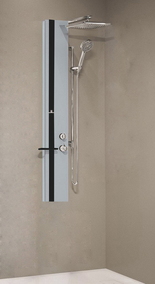 Colonna Doccia Novellini Line 2 Standard Attrezzata Miscelatore Termostatico Colore Silver Fascia Mensola Nero Opaco Soffione Pioggia 200x200 mm Ripiano Porta Oggetti Doccetta Mano Flessibile Installabile Angolo Parete Misura 22x57,5xH150 cm