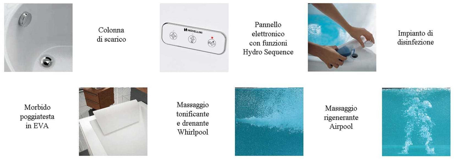 Novellini Calos 2.0 Vasca Bagno Versione Hydro Plus Idromassaggio Whirlpool 6 Getti Disinfezione Airpool 12 Jets Misura 170x75 cm Installazione Reversibile Forma Rettangolare 3 Pannelli Materiale Acrilico Colore Bianco Lucido Colonna Poggiatesta Display
