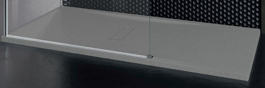 Piatto Doccia Novellini Custom Touch Dimensione 120x100 Altezza Spessore 3,5 cm Colore Grigio Installazione Appoggio Filo Pavimento Sagomabile Superficie Effetto Pietra Materiale Metacrilato Compreso Piletta Scarico e Copri Piletta