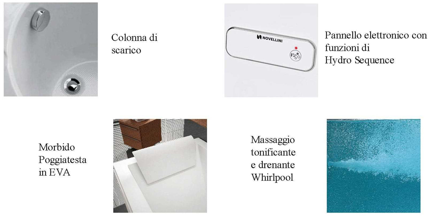 Novellini Calos 2.0 Vasca da Bagno Versione Hydro Idromassaggio Whirlpool 6 Getti Misura 180x80 Altezza 58 cm Installazione Reversibile Forma Rettangolare 1 Pannello Frontale 1 Laterale Materiale Acrilico Colore Bianco Lucido Colonna Poggiatesta Display