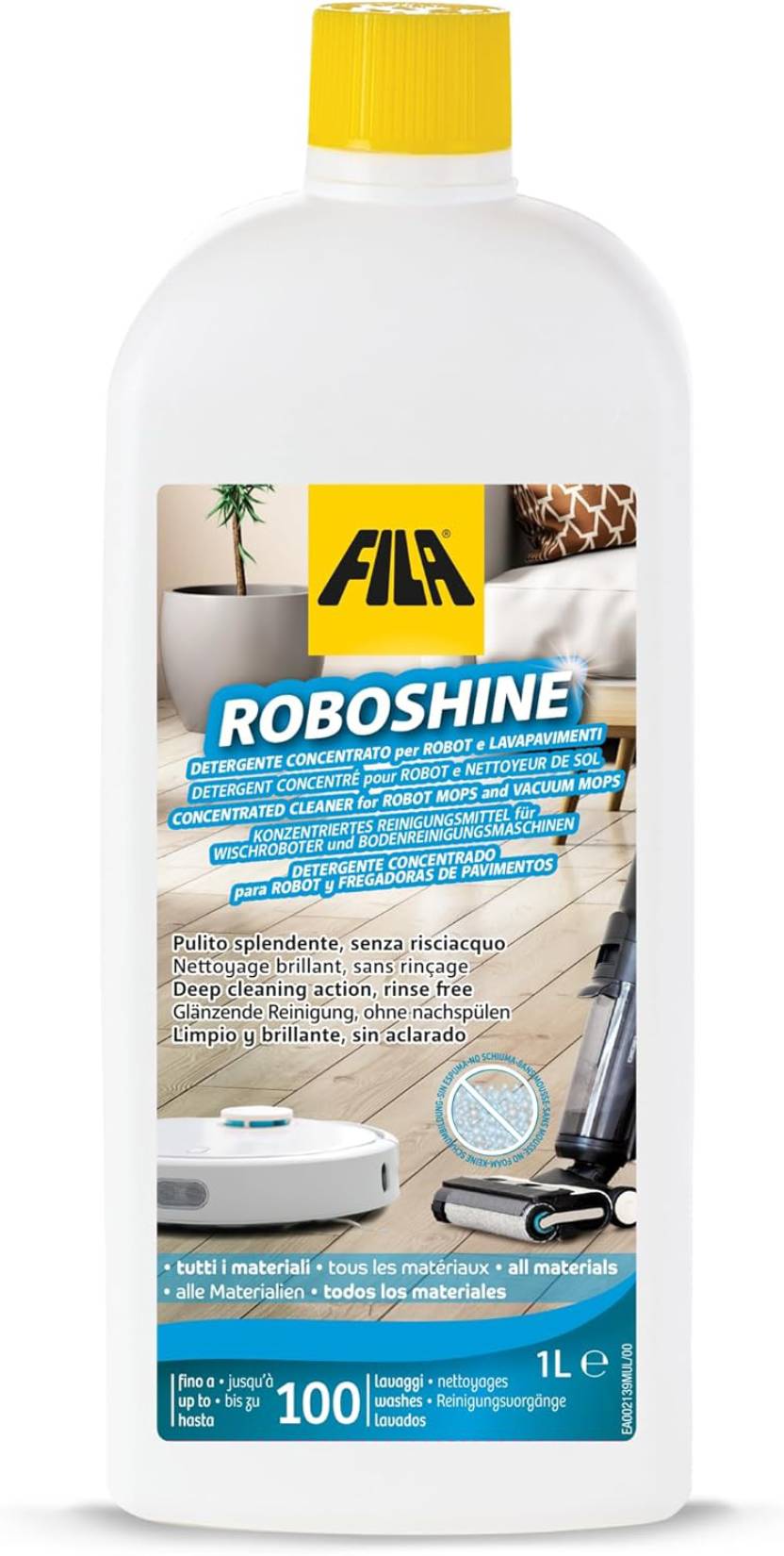 Fila Roboshine Detergente Concentrato per Robot e Lavapavimenti 1 Litro Adatto a Tutti i Materiali Rimuove Sporco Macchie Non Lascia Residui Evita Formazione Cattivi Odori e Calcare Bassa Schiuma Pulizia Più Profonda Anche per Pavimenti Cerati