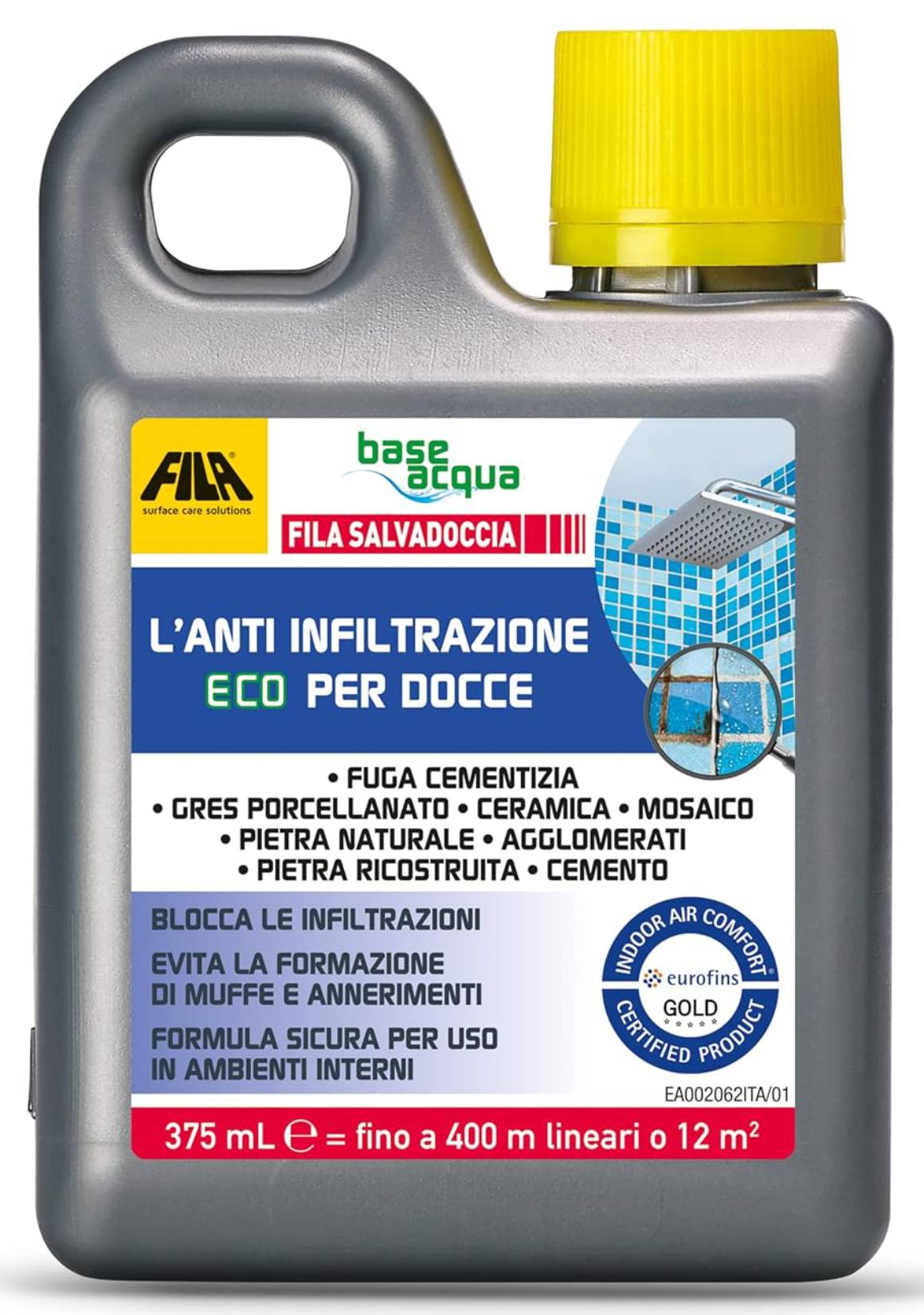 Fila Salvadoccia Anti Infiltrazione Eco Docce 375 Ml Protegge Crepe 1 mm Ostacola Sviluppo Muffe Alghe Previene Assorbimento Acqua Evita Comparsa Sali Ideale per Fuga Cementizia Gres Ceramica Mosaico Tufo Pietra Naturale Ricostruita Agglomerati Cemento