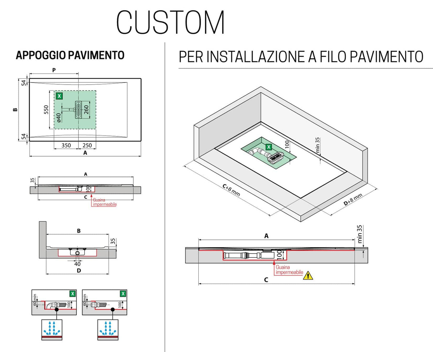 Novellini Custom Piatto Doccia Dimensione 140x80 Altezza Spessore 3,5 cm Colore Bianco Con Trattamento Antiscivolo Installazione Appoggio Filo Pavimento Sagomabile Superficie Liscia Materiale Metacrilato Compreso Piletta Scarico e Copri Piletta