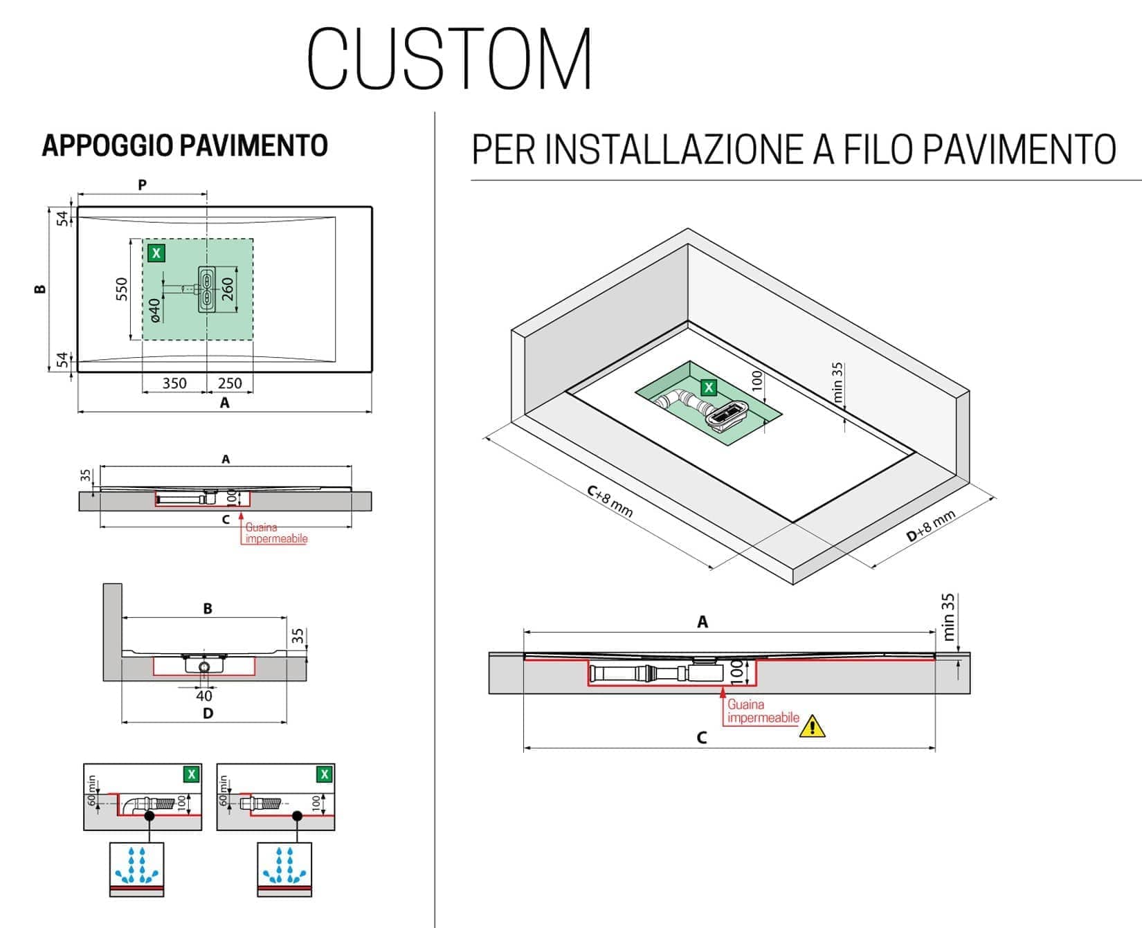 Novellini Custom Piatto Doccia Dimensione 140x80 Altezza Spessore 3,5 cm Colore Nero Installazione Appoggio Filo Pavimento Sagomabile Superficie Liscia Materiale Metacrilato Compreso Piletta Scarico e Copri Piletta