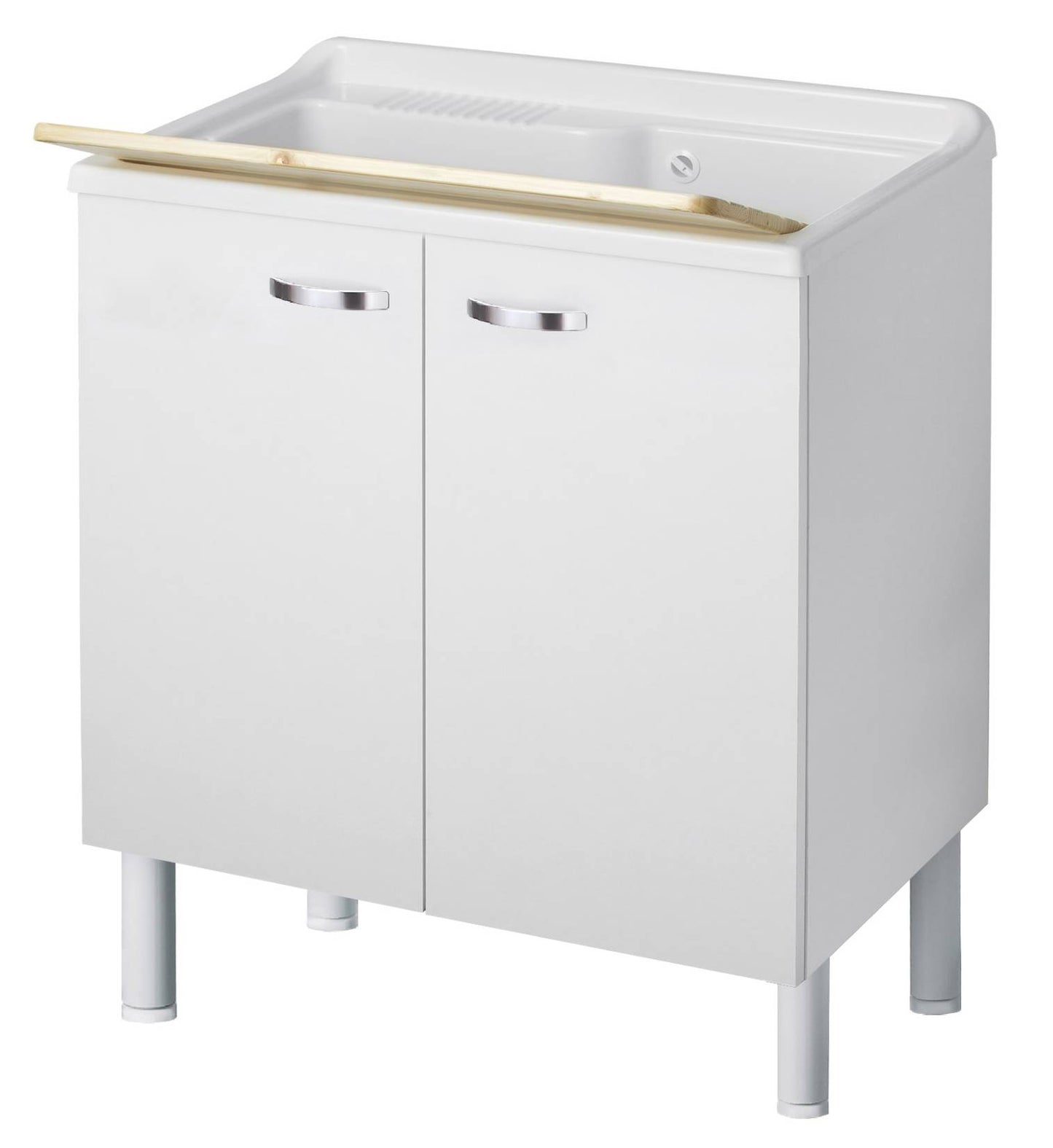 Negrari Arcobaleno 6010SK Lavatoio per Interno Misura 80x50 L80 P50 H85 cm Mobile Nobilitato Idrofugo Legno 18mm Colore Bianco Montato Ante Squadrate  Battenti Vasca Poliproprilene Asse Legno Sifone Autopulente Con Piletta Troppopieno Piedini Regolabili