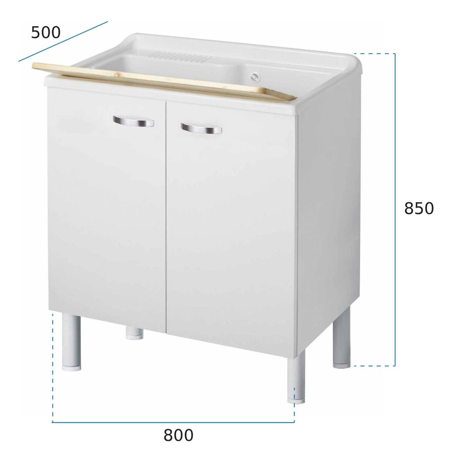 Negrari Arcobaleno 6010SK Lavatoio per Interno Misura 80x50 L80 P50 H85 cm Mobile Nobilitato Idrofugo Legno 18mm Colore Bianco Montato Ante Squadrate  Battenti Vasca Poliproprilene Asse Legno Sifone Autopulente Con Piletta Troppopieno Piedini Regolabili