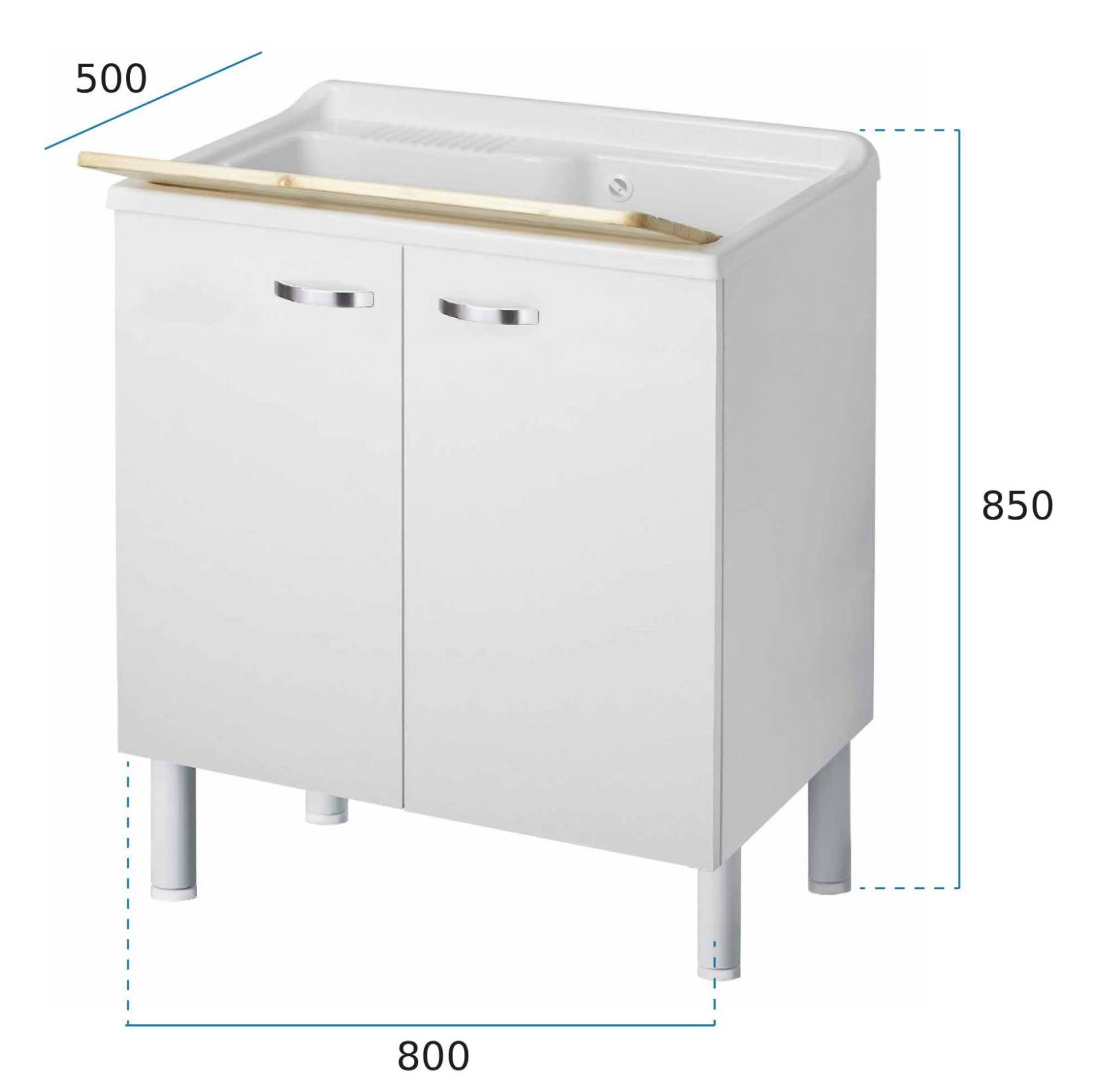 Negrari Arcobaleno 6010SK Lavatoio per Interno Misura 80x50 L80 P50 H85 cm Mobile Nobilitato Idrofugo Legno 18mm Colore Bianco Montato Ante Squadrate  Battenti Vasca Poliproprilene Asse Legno Sifone Autopulente Con Piletta Troppopieno Piedini Regolabili