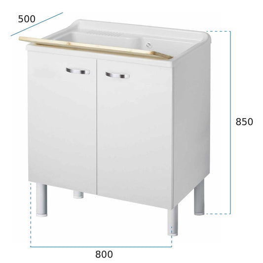 Negrari Arcobaleno 6010SK Lavatoio per Interno Misura 80x50 L80 P50 H85 cm Mobile Nobilitato Idrofugo Legno 18mm Colore Bianco Montato Ante Squadrate  Battenti Vasca Poliproprilene Asse Legno Sifone Autopulente Con Piletta Troppopieno Piedini Regolabili