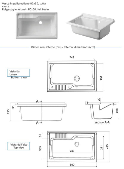 Negrari Arcobaleno 6010SK Lavatoio per Interno Misura 80x50 L80 P50 H85 cm Mobile Nobilitato Idrofugo Legno 18mm Colore Bianco Montato Ante Squadrate  Battenti Vasca Poliproprilene Asse Legno Sifone Autopulente Con Piletta Troppopieno Piedini Regolabili