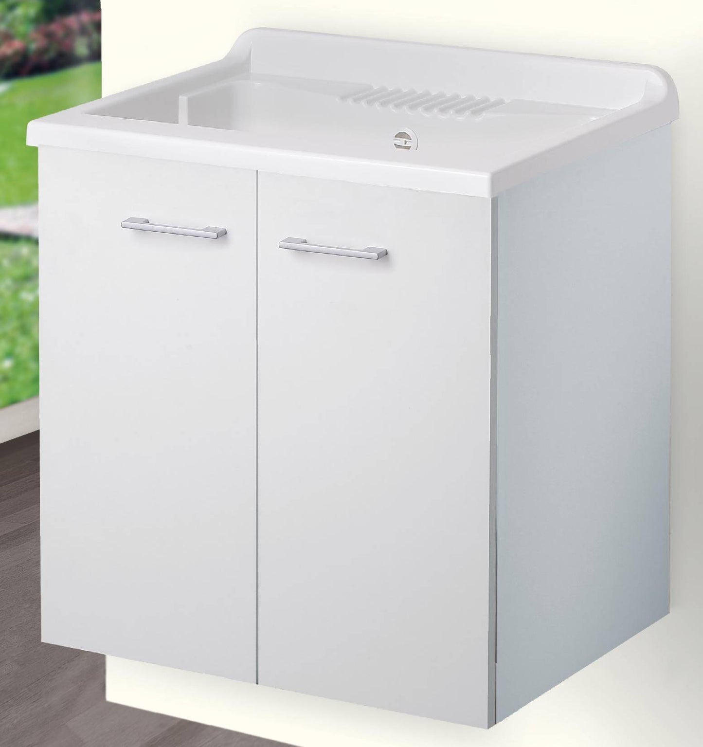 Negrari Cielo 6002SOS Lavatoio Sospeso Bianco Opaco 60x50 H63,5 cm Mobile Lavanderia Montato Nobilitato Idrofugo Interno Ante Angoli Squadrati Apertura Battente Vasca Asse Lavaggio Polipropilene Sifone Autopulente Piletta Troppopieno Kit Fissaggio Muro