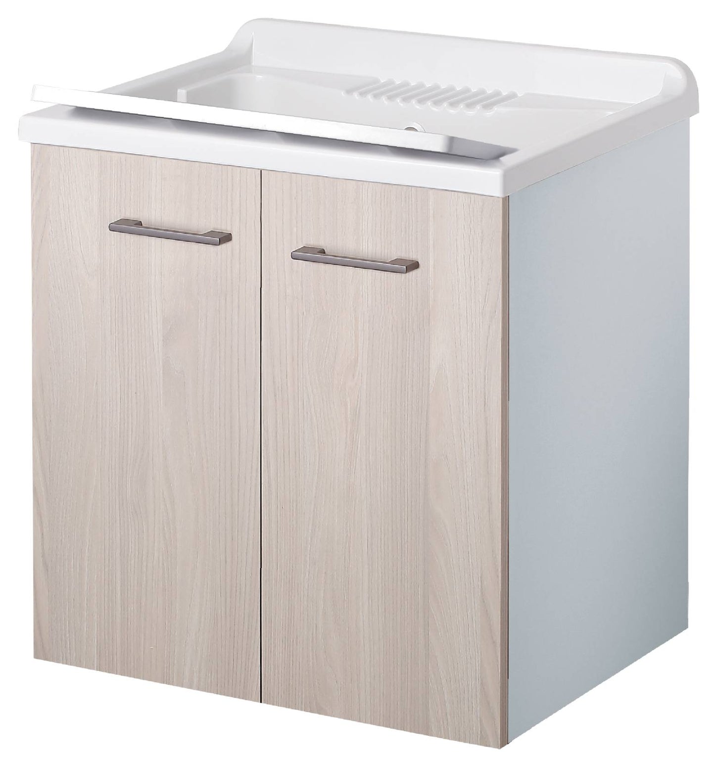Negrari Cielo 6002SOSOL Lavatoio Sospeso Bianco e Olmo 60x50 H63,5 cm Mobile Lavanderia Montato Nobilitato Idrofugo Interno Ante Angoli Squadrati Apertura Battente Vasca Asse Lavaggio Polipropilene Sifone Autopulente Piletta Troppopieno Kit Fissaggio Muro