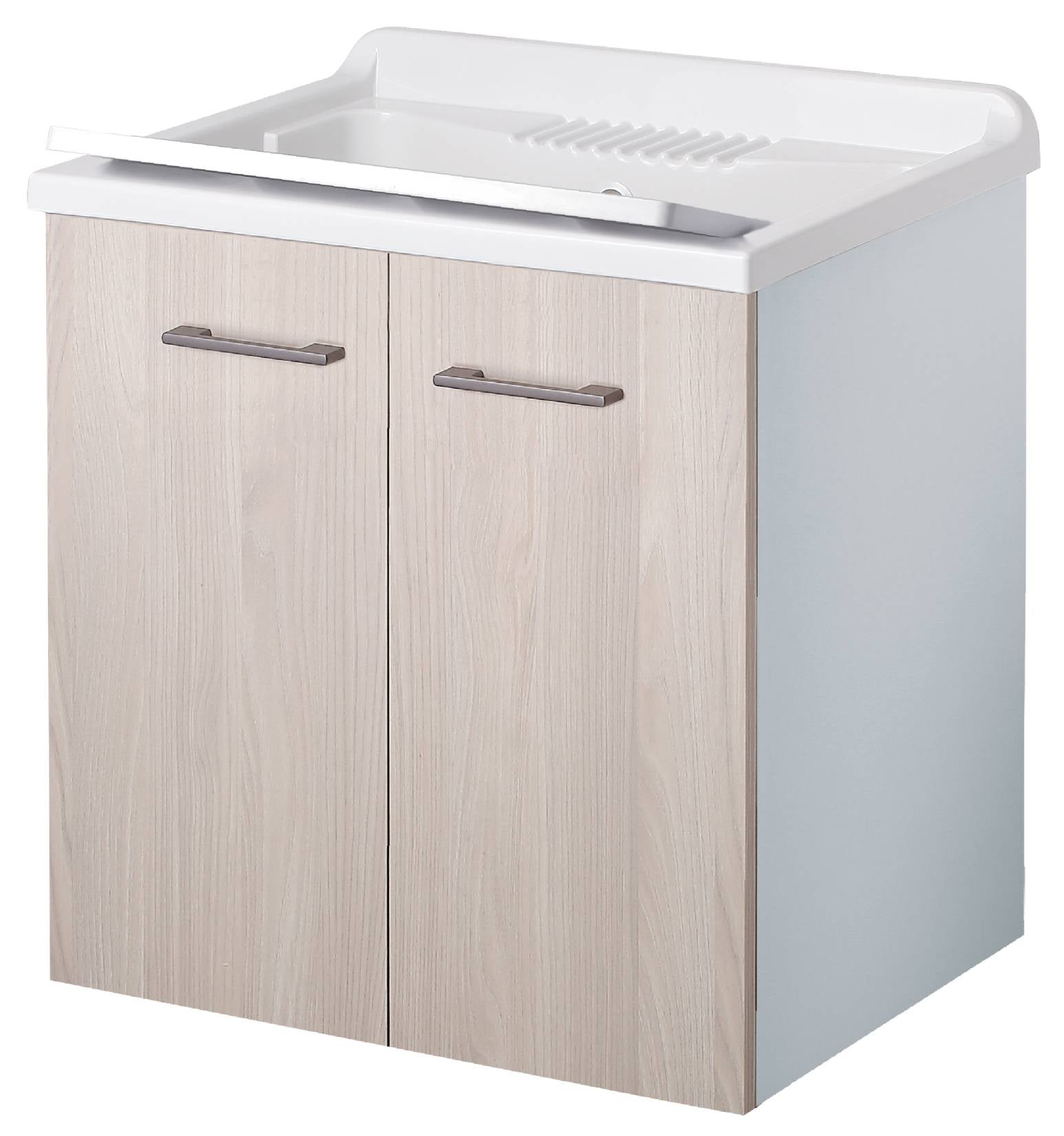 Negrari Cielo 6002SOSOL Lavatoio Sospeso Bianco e Olmo 60x50 H63,5 cm Mobile Lavanderia Montato Nobilitato Idrofugo Interno Ante Angoli Squadrati Apertura Battente Vasca Asse Lavaggio Polipropilene Sifone Autopulente Piletta Troppopieno Kit Fissaggio Muro
