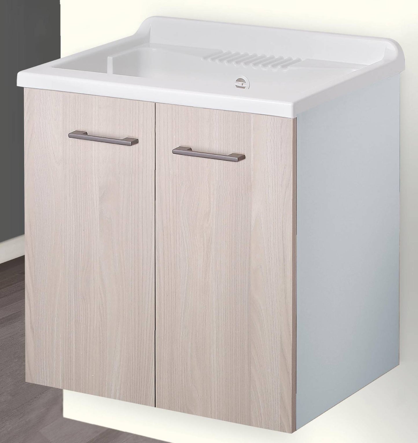 Negrari Cielo 6002SOSOL Lavatoio Sospeso Bianco e Olmo 60x50 H63,5 cm Mobile Lavanderia Montato Nobilitato Idrofugo Interno Ante Angoli Squadrati Apertura Battente Vasca Asse Lavaggio Polipropilene Sifone Autopulente Piletta Troppopieno Kit Fissaggio Muro