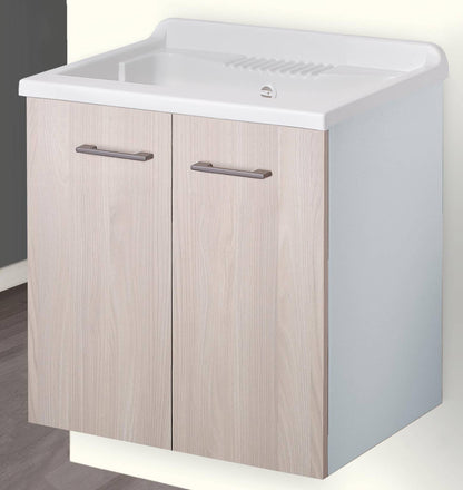 Negrari Cielo 6002SOSOL Lavatoio Sospeso Bianco e Olmo 60x50 H63,5 cm Mobile Lavanderia Montato Nobilitato Idrofugo Interno Ante Angoli Squadrati Apertura Battente Vasca Asse Lavaggio Polipropilene Sifone Autopulente Piletta Troppopieno Kit Fissaggio Muro