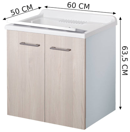 Negrari Cielo 6002SOSOL Lavatoio Sospeso Bianco e Olmo 60x50 H63,5 cm Mobile Lavanderia Montato Nobilitato Idrofugo Interno Ante Angoli Squadrati Apertura Battente Vasca Asse Lavaggio Polipropilene Sifone Autopulente Piletta Troppopieno Kit Fissaggio Muro