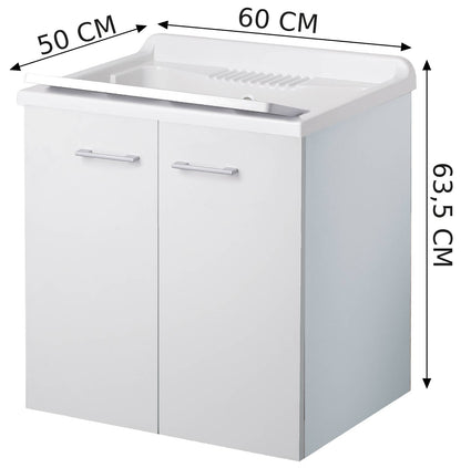 Negrari Cielo 6002SOS Lavatoio Sospeso Bianco Opaco 60x50 H63,5 cm Mobile Lavanderia Montato Nobilitato Idrofugo Interno Ante Angoli Squadrati Apertura Battente Vasca Asse Lavaggio Polipropilene Sifone Autopulente Piletta Troppopieno Kit Fissaggio Muro