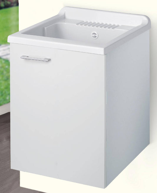 Negrari Cielo 6003SOS Lavatoio Sospeso Bianco Opaco 50x50 H63,5 cm Mobile Lavanderia Montato Nobilitato Idrofugo Interno Anta Angoli Squadrati Apertura Battente Vasca Asse Lavaggio Polipropilene Sifone Autopulente Piletta Troppopieno Kit Fissaggio Muro