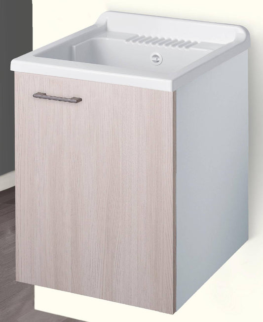 Negrari Cielo 6003SOSOL Lavatoio Sospeso Bianco e Olmo 50x50 H63,5 cm Mobile Lavanderia Montato Nobilitato Idrofugo Interno Anta Angoli Squadrati Apertura Battente Vasca Asse Lavaggio Polipropilene Sifone Autopulente Piletta Troppopieno Kit Fissaggio Muro