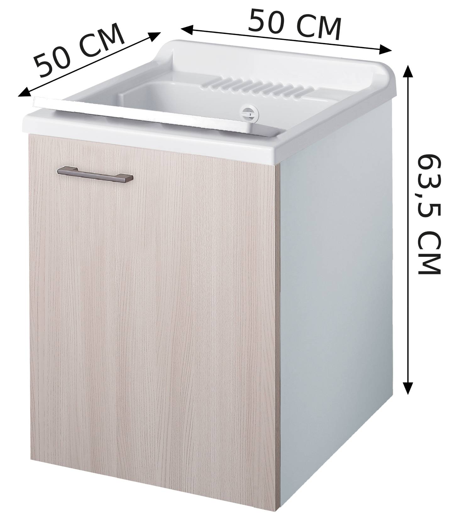Negrari Cielo 6003SOSOL Lavatoio Sospeso Bianco e Olmo 50x50 H63,5 cm Mobile Lavanderia Montato Nobilitato Idrofugo Interno Anta Angoli Squadrati Apertura Battente Vasca Asse Lavaggio Polipropilene Sifone Autopulente Piletta Troppopieno Kit Fissaggio Muro