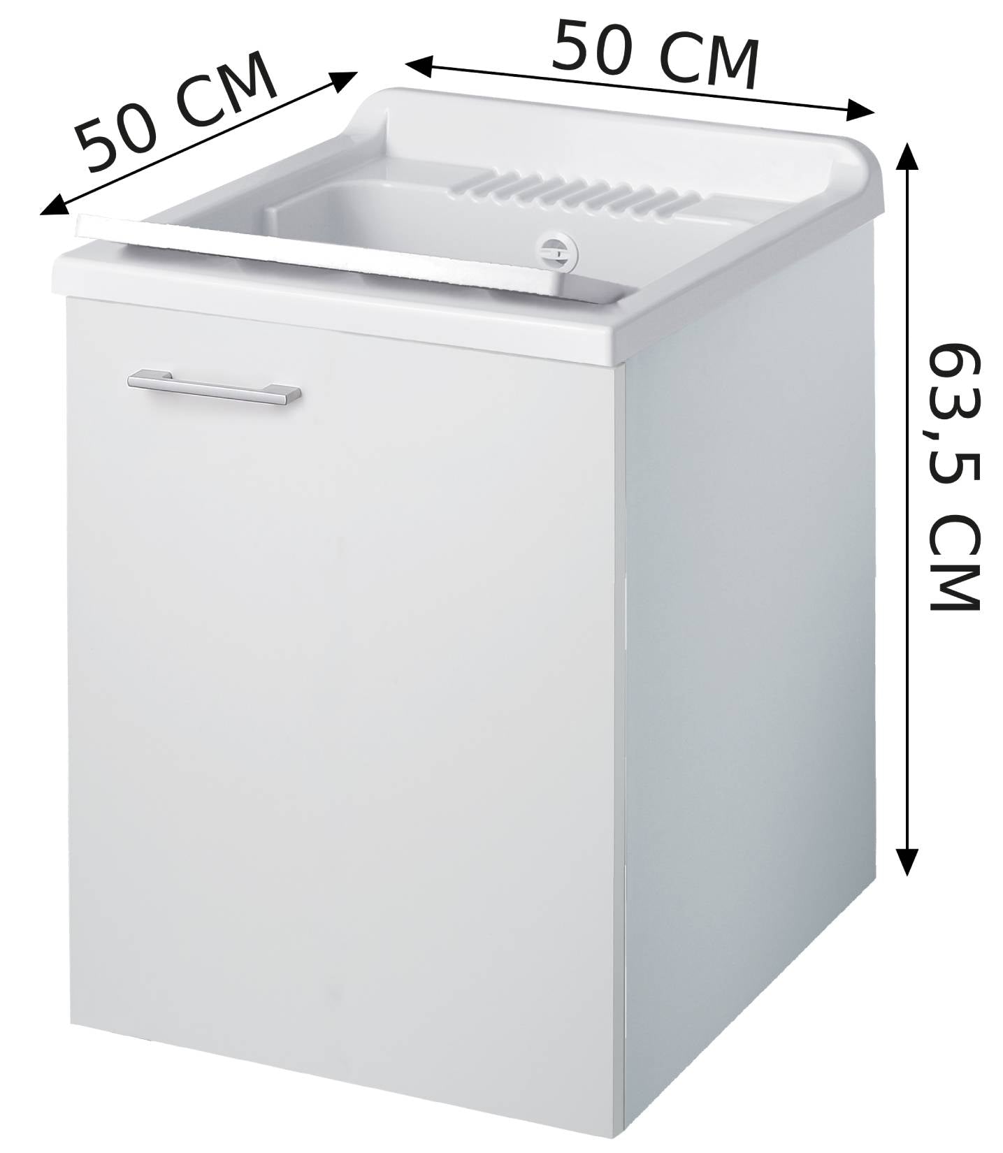 Negrari Cielo 6003SOS Lavatoio Sospeso Bianco Opaco 50x50 H63,5 cm Mobile Lavanderia Montato Nobilitato Idrofugo Interno Anta Angoli Squadrati Apertura Battente Vasca Asse Lavaggio Polipropilene Sifone Autopulente Piletta Troppopieno Kit Fissaggio Muro