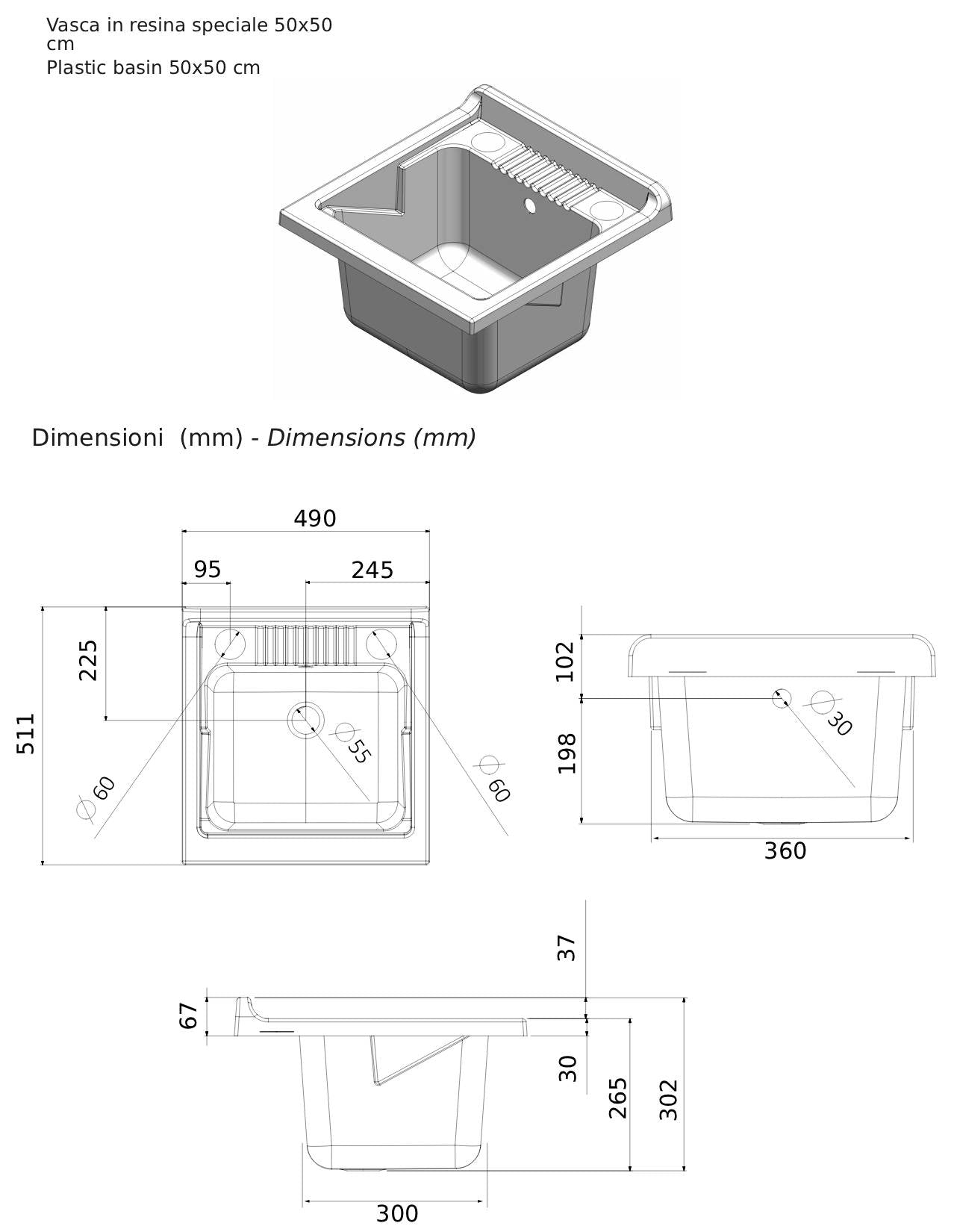 Negrari Cielo 6003SOSOL Lavatoio Sospeso Bianco e Olmo 50x50 H63,5 cm Mobile Lavanderia Montato Nobilitato Idrofugo Interno Anta Angoli Squadrati Apertura Battente Vasca Asse Lavaggio Polipropilene Sifone Autopulente Piletta Troppopieno Kit Fissaggio Muro