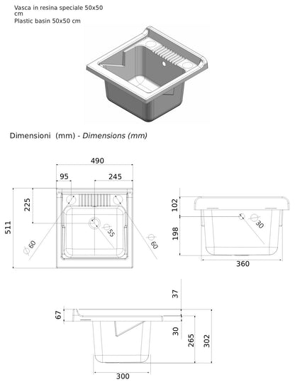 Negrari Cielo 6003SOSOL Lavatoio Sospeso Bianco e Olmo 50x50 H63,5 cm Mobile Lavanderia Montato Nobilitato Idrofugo Interno Anta Angoli Squadrati Apertura Battente Vasca Asse Lavaggio Polipropilene Sifone Autopulente Piletta Troppopieno Kit Fissaggio Muro