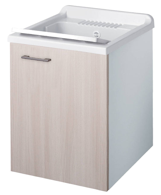 Negrari Cielo 6006SOSOL Lavatoio Sospeso Bianco e Olmo 45x50 H63,5 cm Mobile Lavanderia Montato Nobilitato Idrofugo Interno Anta Angoli Squadrati Apertura Battente Vasca Asse Lavaggio Polipropilene Sifone Autopulente Piletta Troppopieno Kit Fissaggio Muro