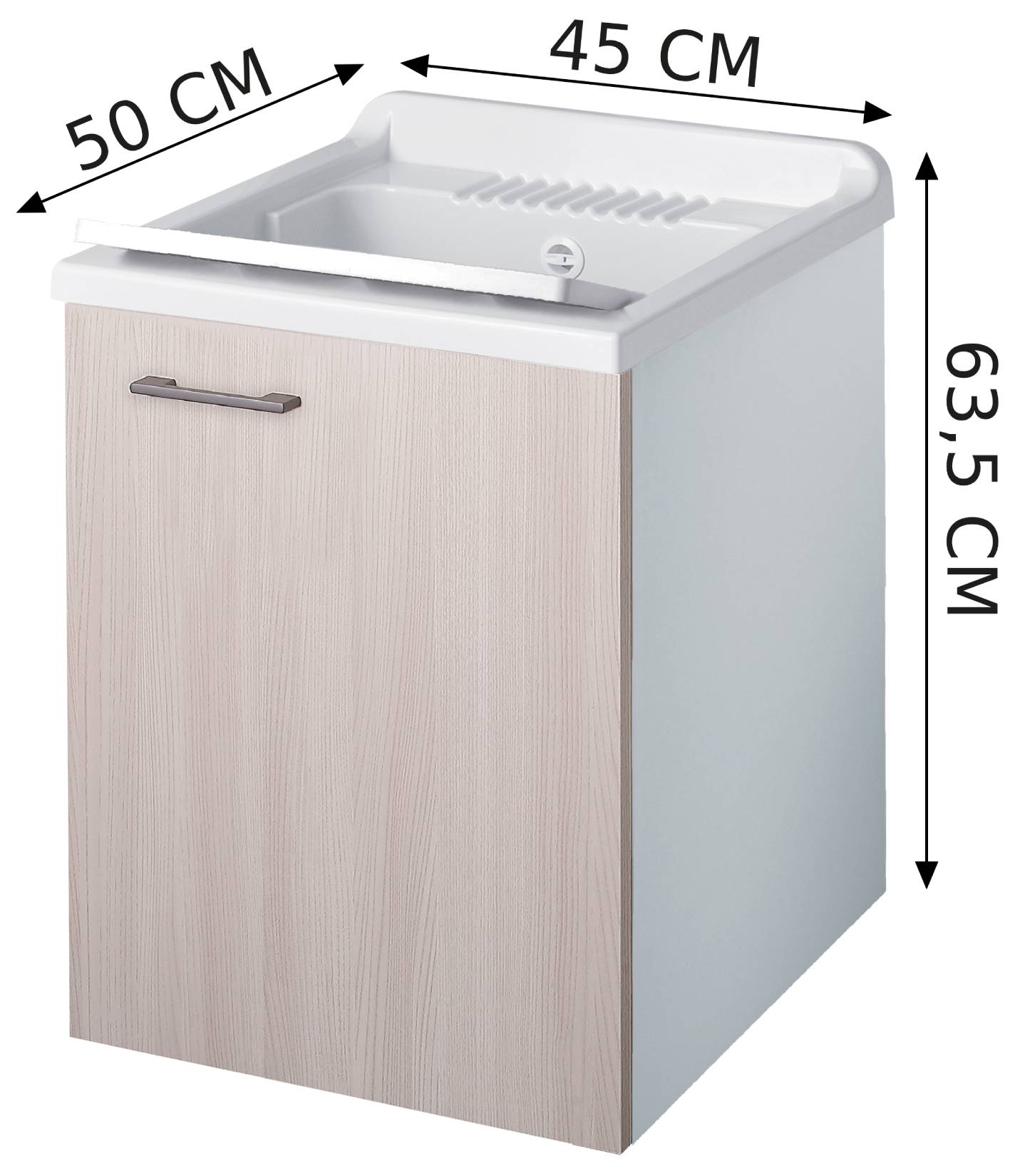 Negrari Cielo 6006SOSOL Lavatoio Sospeso Bianco e Olmo 45x50 H63,5 cm Mobile Lavanderia Montato Nobilitato Idrofugo Interno Anta Angoli Squadrati Apertura Battente Vasca Asse Lavaggio Polipropilene Sifone Autopulente Piletta Troppopieno Kit Fissaggio Muro