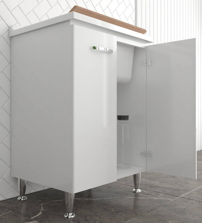 Negrari Comfort 3002D Lavatoio Bianco Lucido 60x50 H85 cm Mobile Interno Lavanderia Nobilitato Idrofugo Vasca Polipropilene Asse Lavaggio Legno Fornito Montato Cerniere Chiusura Rallentata Apertura 2 Ante Battente Maniglie Sifone Piletta Piedini Scarico