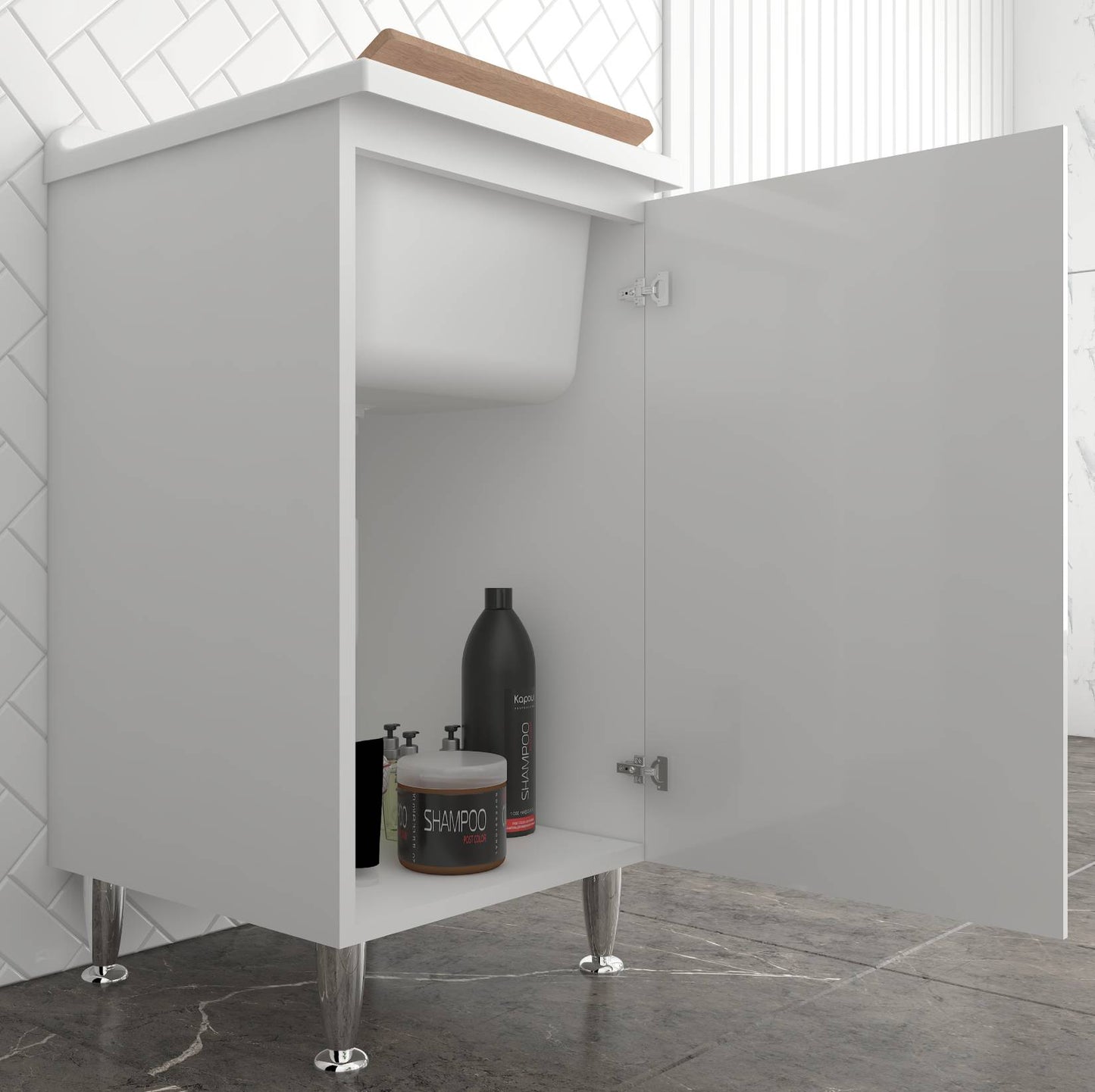 Negrari Comfort 3006DSX Lavatoio Bianco Lucido 45x50 H85cm Mobile Interno Lavanderia Nobilitato Idrofugo Vasca Polipropilene Asse Lavaggio Legno Fornito Montato Cerniere Anta Chiusura Rallentata Battente Maniglia Sinistra Sifone Piletta Piedini Regolabili