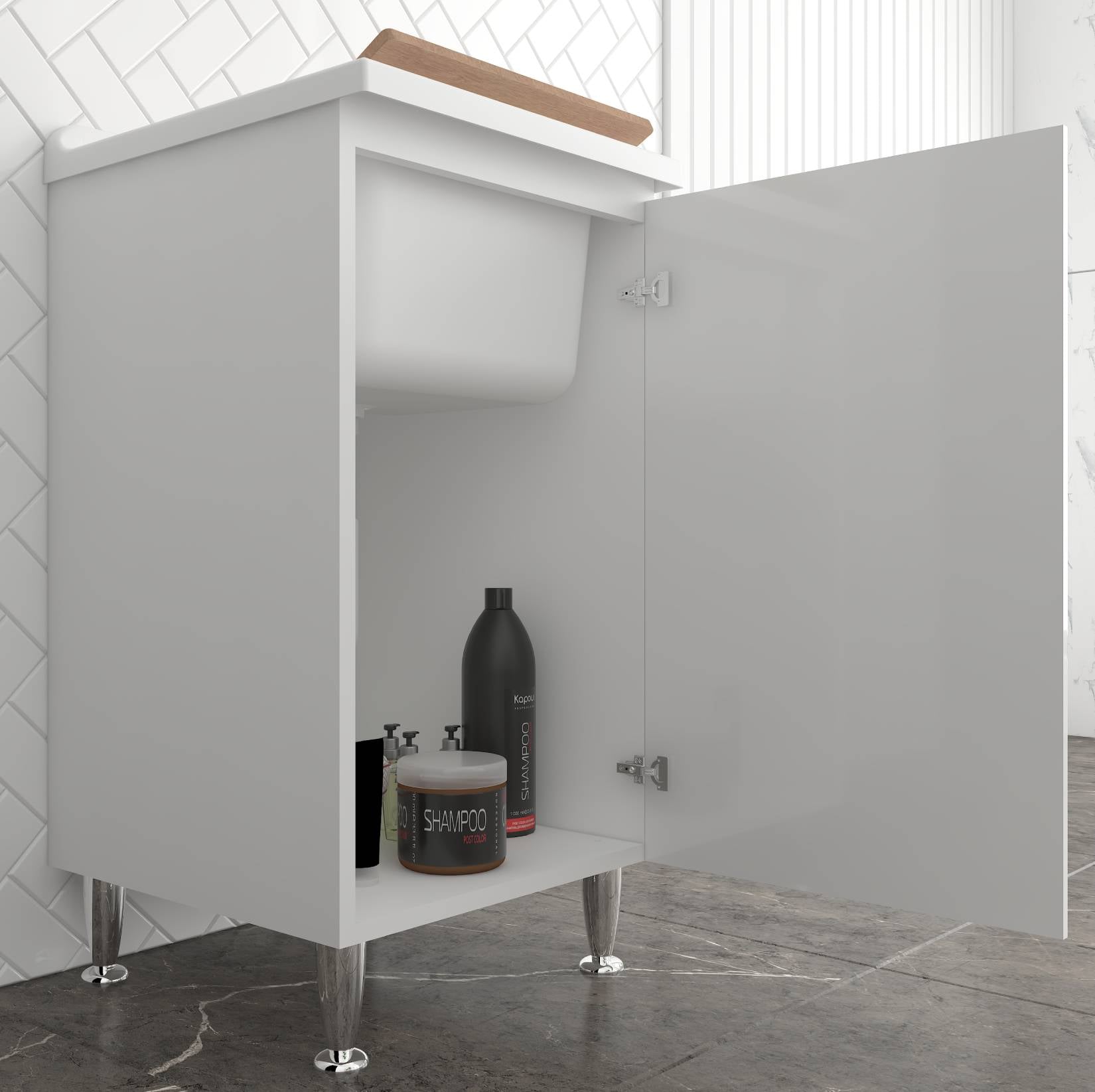 Negrari Comfort 3006DSX Lavatoio Bianco Lucido 45x50 H85cm Mobile Interno Lavanderia Nobilitato Idrofugo Vasca Polipropilene Asse Lavaggio Legno Fornito Montato Cerniere Anta Chiusura Rallentata Battente Maniglia Sinistra Sifone Piletta Piedini Regolabili