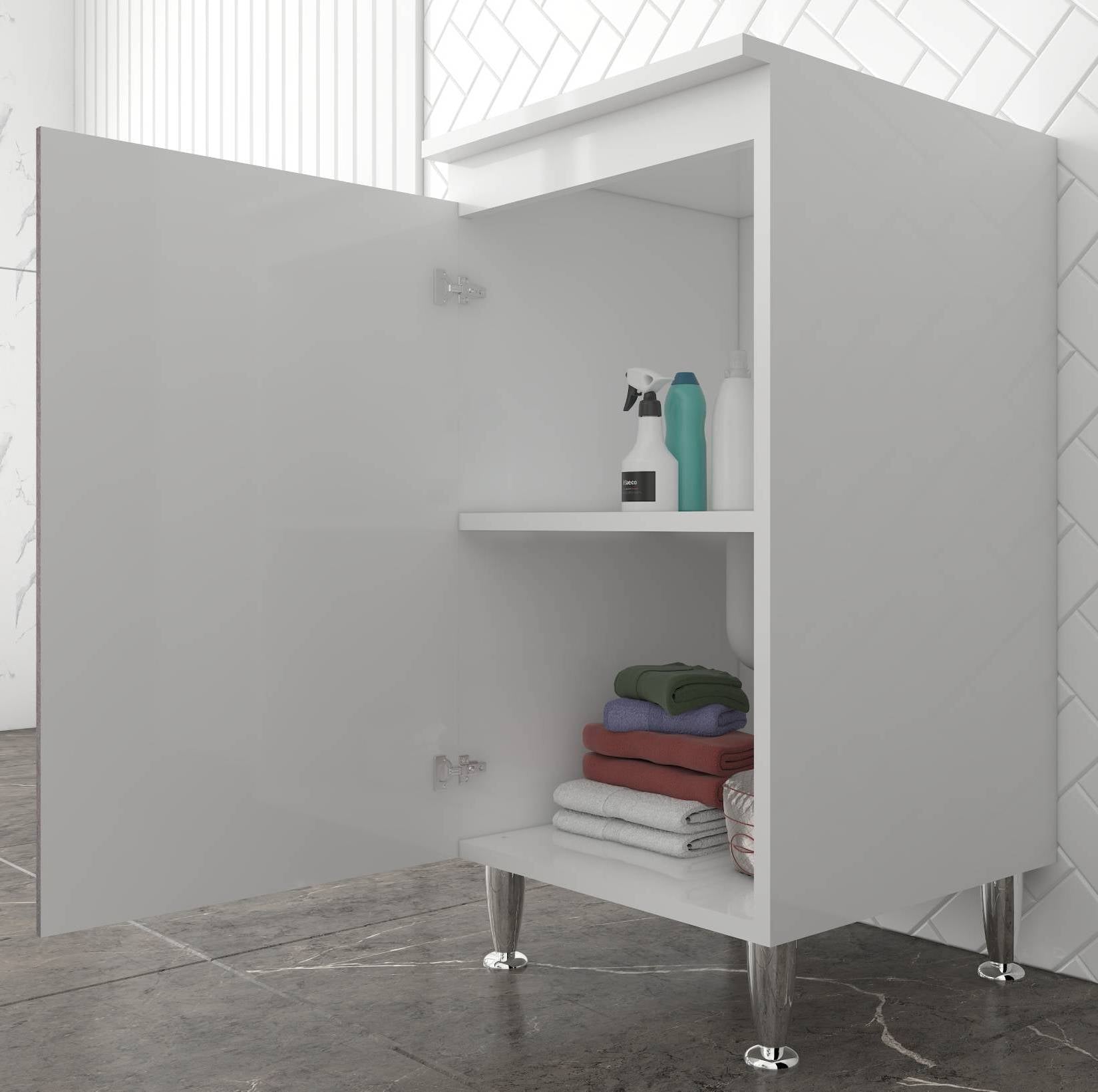 Negrari Comfort FB3006DCGDX Base 1 Anta Bianco Corten Grigio 45x50 H85 cm Per Interno Lavanderia Bagno Mobile Terra Montato in Legno Nobilitato Idrofugo Con Piedini Apertura Sportello Battente Angoli Squadrati Chiusura Rallentata Maniglia Destra Ripiano