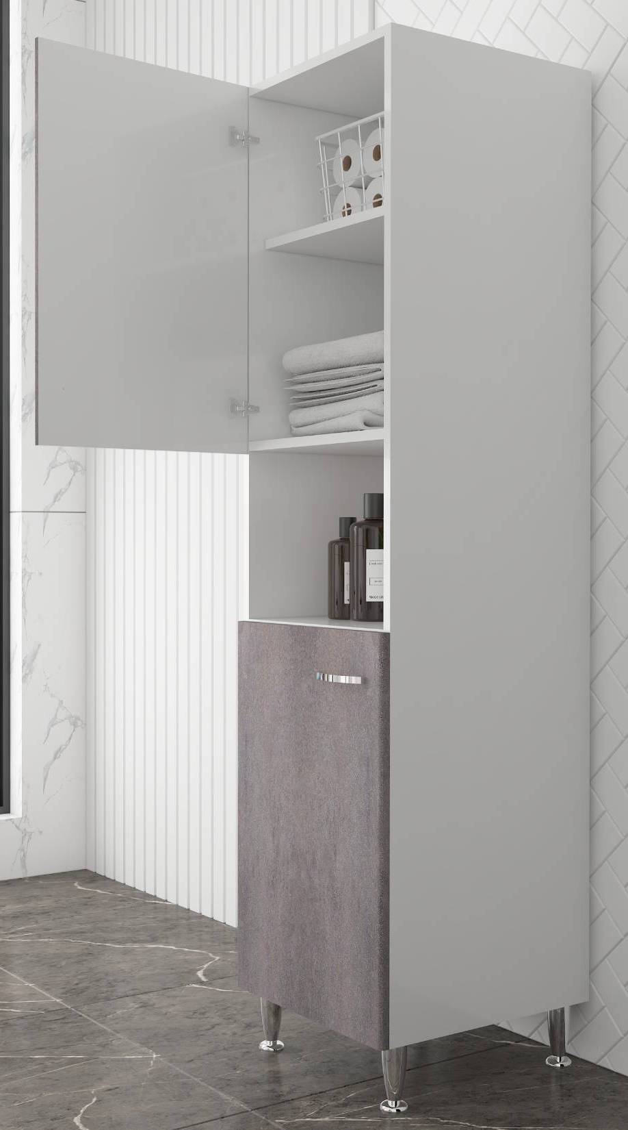 Negrari Comfort FC3006DCGDX Colonna Bianco Corten Grigio 45x50 H185 cm Per Interno Lavanderia Bagno Mobile a Terra Montato in Legno Nobilitato Idrofugo Piedini Apertura Ante Battenti Angoli Squadrati Sportelli Chiusura Rallentata Maniglie Destra Ripiano
