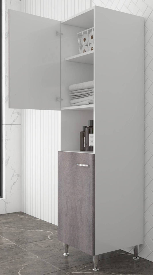 Negrari Comfort FC3006DCGDX Colonna Bianco Corten Grigio 45x50 H185 cm Per Interno Lavanderia Bagno Mobile a Terra Montato in Legno Nobilitato Idrofugo Piedini Apertura Ante Battenti Angoli Squadrati Sportelli Chiusura Rallentata Maniglie Destra Ripiano