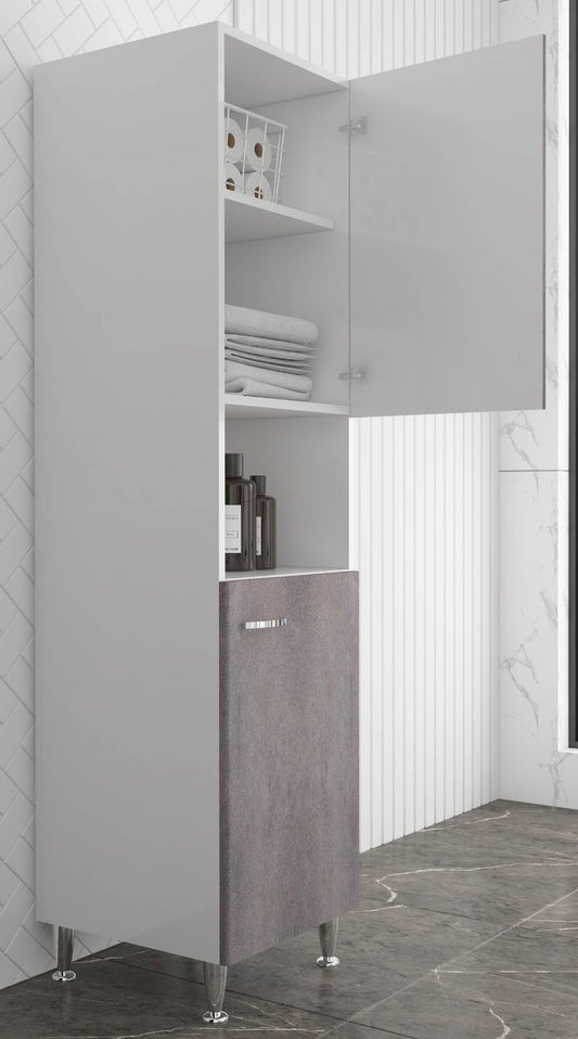 Negrari Comfort FC3006DCGSX Colonna Bianco Corten Grigio 45x50 H185 cm Per Interno Lavanderia Bagno Mobile a Terra Montato in Legno Nobilitato Idrofugo Piedini Apertura Ante Battenti Angoli Squadrati Sportelli Chiusura Rallentata Maniglie Sinistra Ripiano