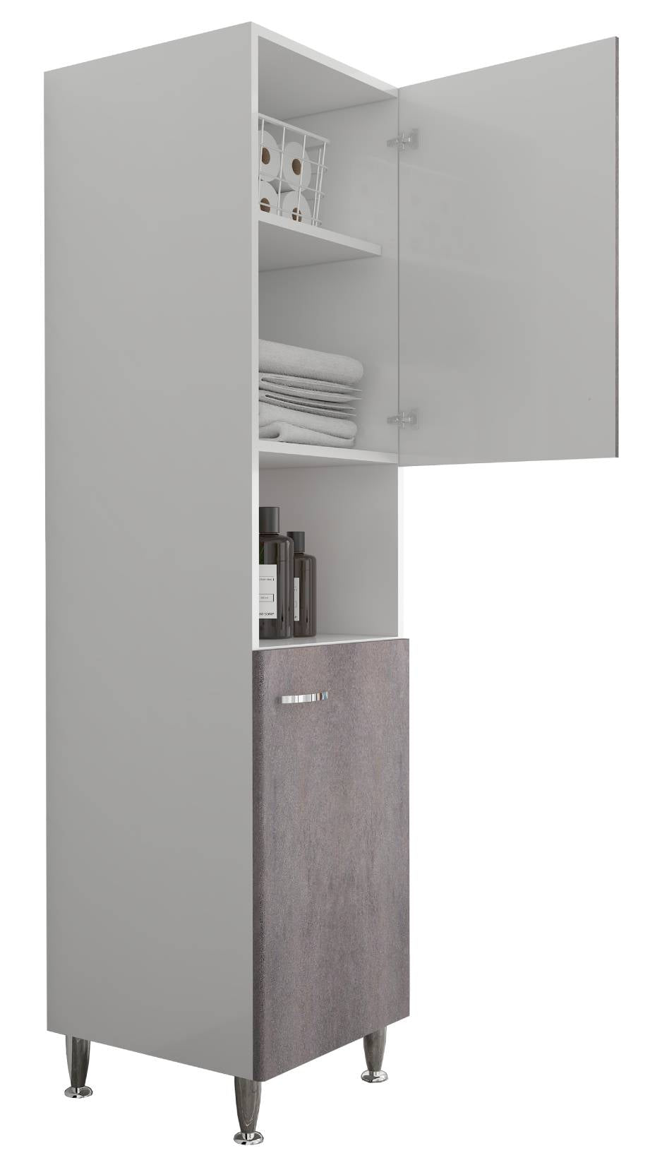 Negrari Comfort FC3006DCGSX Colonna Bianco Corten Grigio 45x50 H185 cm Per Interno Lavanderia Bagno Mobile a Terra Montato in Legno Nobilitato Idrofugo Piedini Apertura Ante Battenti Angoli Squadrati Sportelli Chiusura Rallentata Maniglie Sinistra Ripiano
