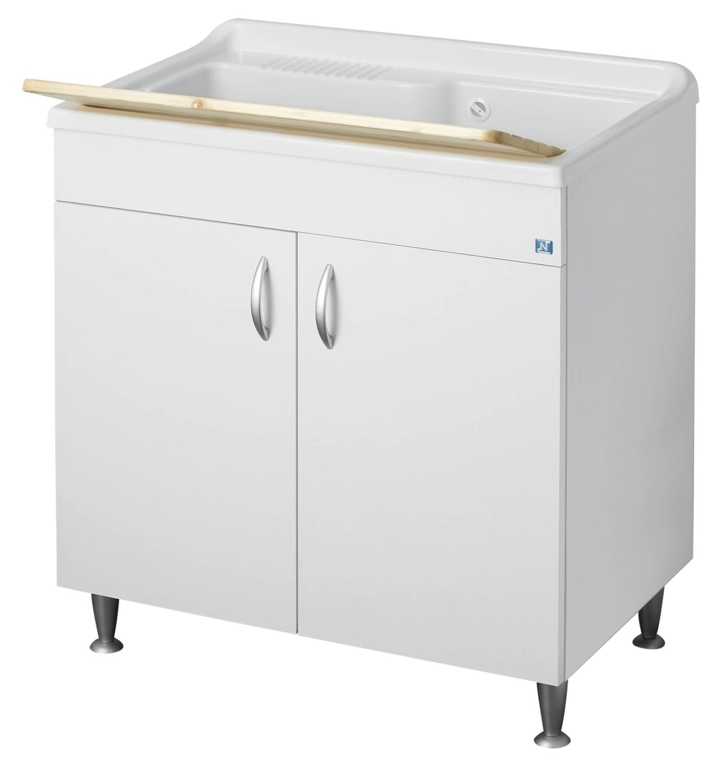 Negrari Eco Bianco Lavatoio 80x50 L80 P50 H85 CM Arredo Lavapanni Interno Bagno Lavanderia Base Mobile Nobilitato Idrofugo Legno Vasca Grande Intera Lavabo Lavandino Resina Plastica Asse Pino Sifone Piedini Ante Sportelli Battenti Qualità Medio Alta