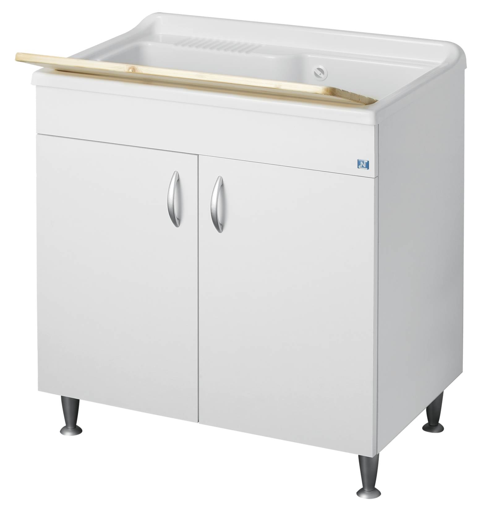 Negrari Eco Bianco Lavatoio 80x50 L80 P50 H85 CM Arredo Lavapanni Interno Bagno Lavanderia Base Mobile Nobilitato Idrofugo Legno Vasca Grande Intera Lavabo Lavandino Resina Plastica Asse Pino Sifone Piedini Ante Sportelli Battenti Qualità Medio Alta